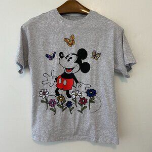 Disney Mickey Mouse T-Shirt Womens XS Grey Embroidered Butterflies Flowers